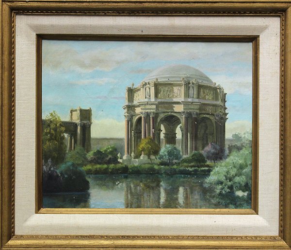 Paintings, Robert Julius Skinner, Bettie Moran: (lot of 2) Framed oils on canvas, ''Palace of Fine Arts,'' by Robert Julius Skinner (Californian, 1911-2003), and Pueblos, by Bettie Moran (American, 20th century), each signed by the artist, largest 