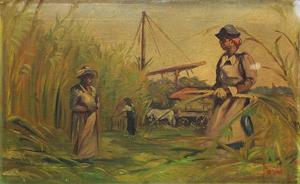 Painting, Working the Sugar Cane, by Vargas: Unframed oil on canvas, Working the Sugar Cane Field, Puerto Rican (20th century), signed ''Vargas'' lower right, overall: 24''h x 38.25''w