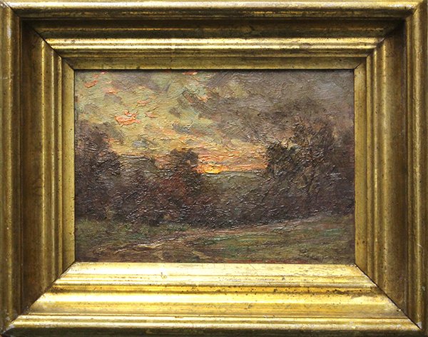 Painting, Sunset Over the Mountains: Framed oil on board, Sunset Over the Mountains, 1929, California School (20th century), inscribed and dated ''To Katharina from Phil 1929'' lower right, overall: 11.5''h x 13.5''w