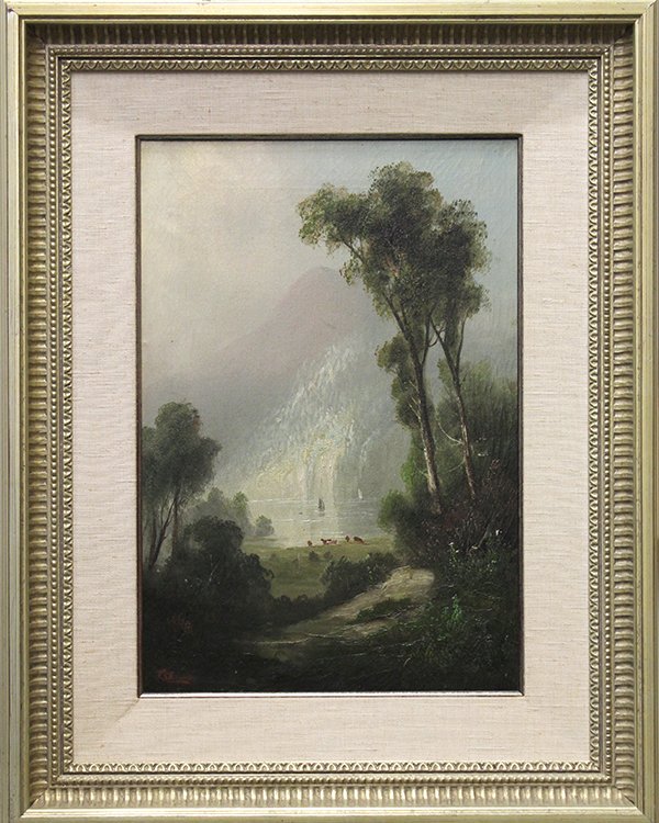 Painting, On the Hudson River Near Newburgh: Framed oil on canvas, ''On the Hudson River Near Newburgh,'' American School (20th century), signed ''F. Strauss'' lower left, title inscribed verso, overall: 30''h x 22.5''w