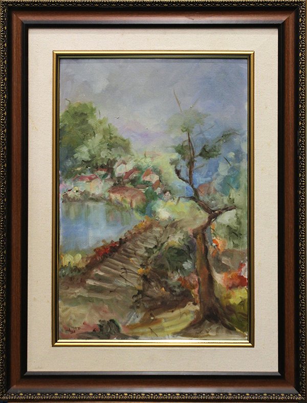 Painting, Sima Ben Ari: Framed oil on canvas, Painterly Bridge by a Lake, by Sima Ben Ari (Israeli, 1902-2002), signed lower left, overall: 33.5''h x 25.5''w