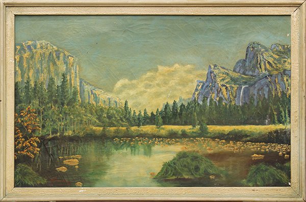 Painting, James Hanson, Yosemite Scene: Framed oil on canvas, Yosemite Scene, by H. James Hanson, 1946, signed ''H.James Hanseon'' and dated lower right, sight: 22.5''h x 35.5''w, overall: 26''h x 39''w