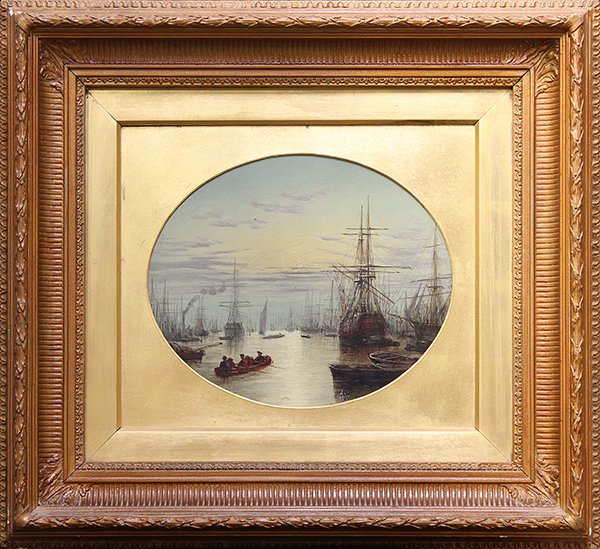 Painting, 19th Century Shipyard: Framed oil on board, Shipyard, Continental School (19th century), unsigned, overall: 21 x 23''w