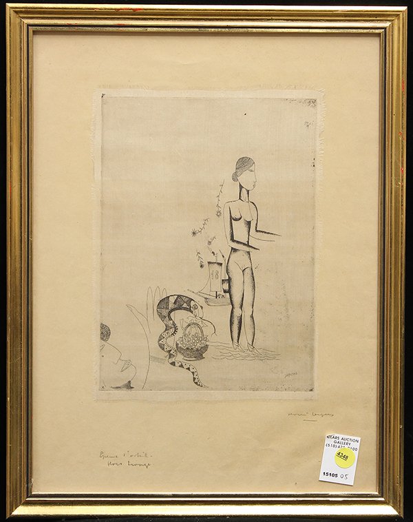 Etching, Floris Jespers: Framed etching on silk fabric, ''Voilier numéro 18,'' by Floris Jespers (Belgian, 1889-1965), artist proof, signed lower right, overall: 18.5''h x 14.25''w