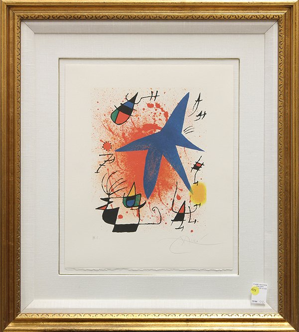 Lithograph, after Joan Miro, Blue Star: Framed lithograph, Blue Star, after Joan Miro (Spanish/French, 1893-1983), bears pencil signature ''Miro'' lower right, inscribed ''H.C.'' lower left, overall: 28.5''h x 25.5''w