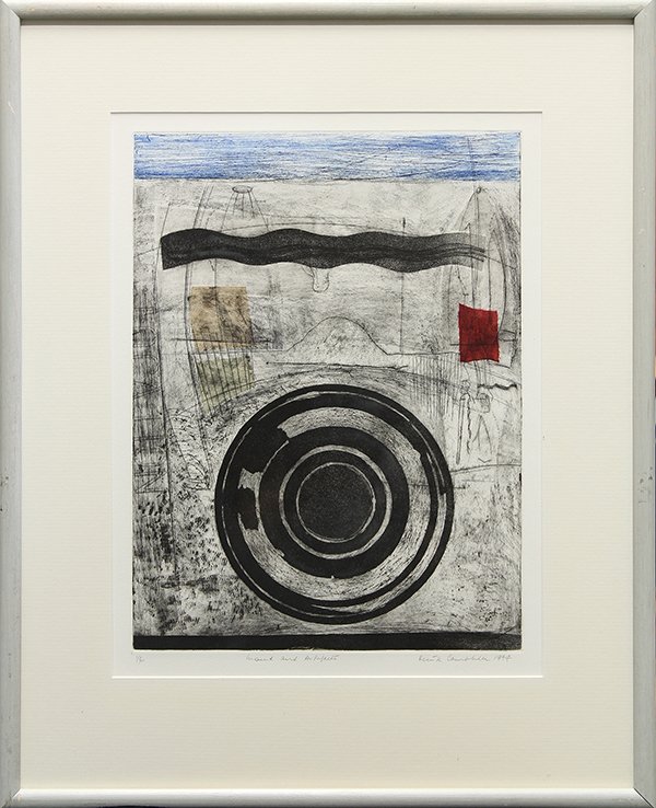 Etching, Denis Campbell, Mound: Framed etching with aquatint, ''Mound and Artifacts,'' 1994, by Denis Campbell (American, Contemporary), pencil signed, titled, dated and numbered edition of six within lower margin, overall: 30''h x