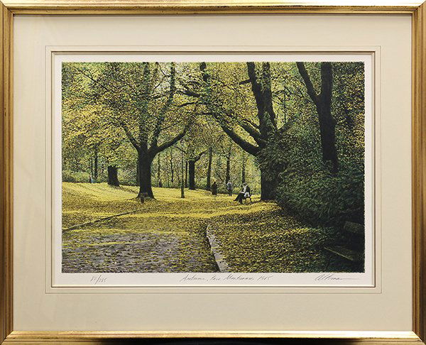 Lithograph, Harold Altman, Autumn: Framed lithograph, ''Autumn,'' 1985, by Harold Altman (American, 1924-2003), pencil signed, titled, dated and numbered edition of 285 within lower margin, overall: 27''h x 34''w
