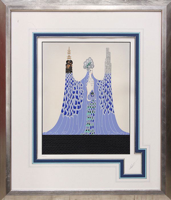 Serigraph, Erte, East Meets West: Framed serigraph, East Meets West, by Erte (Romain de Tirtoff) (Russian/French/American, 1892-1990), pencil signed and numbered edition of 300 within lower margin, overall: 37''h x 32''w