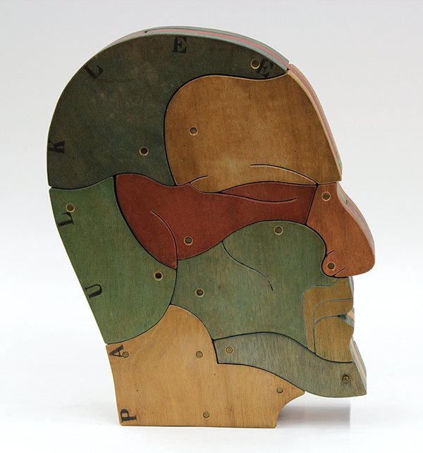 Wood sculpture, Bruno Chersicla, Homage to Klee: Painted wood sculpture, Head- Homage to Paul Klee, by Bruno Chersicla (Italian, b. 1937), signed ''Chersicla,'' overall: 19''h x 15''w x 3.75''w