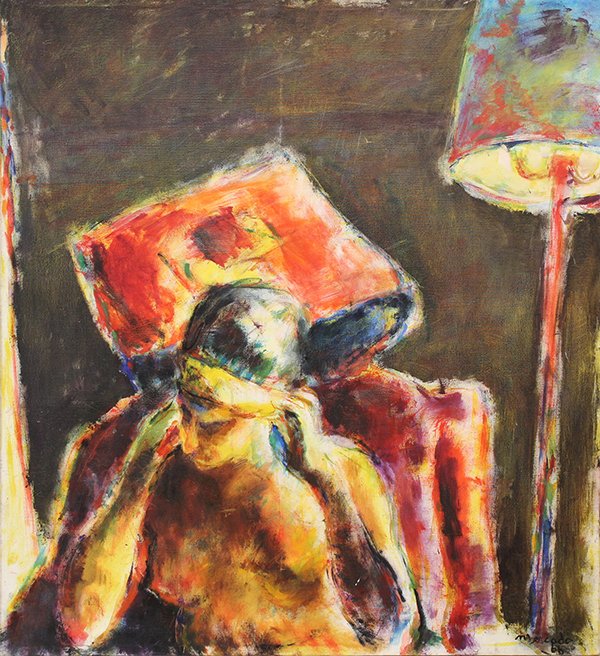 Painting by Mercado: Unframed oil on canvas, Seated Figure with Pillow and Floor Lamp, 1966, signed and dated ''Mercado '66'' lower right, overall: 47.5''h x 44''w