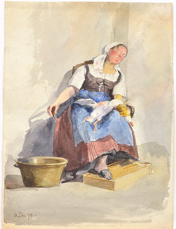 Watercolors, Dutch Maids: Unframed double-sided watercolor, Dutch Maids, 1890, Continental School, unsigned, overall: 18''h x 13.25''w