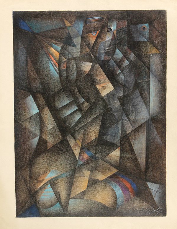 Pastels, Neal Doty, Abstract Figures: (Lot of 4) Pair of unframed pastels on paper, ''Cubist Woman'' and ''Composition with Eye,'' by Neal Doty (American, b. 1941), each signed ''Neal Doty'' lower right, plus two Doty exhibition posters, 