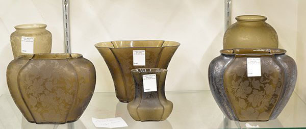 Phoenix Art Glass: (lot of 6) Phoenix art glass sepia finished Florentine pattern vases in assorted styles Provenance: Property from the forty-year private collection of Alan Goldfield, a recognized expert in the field