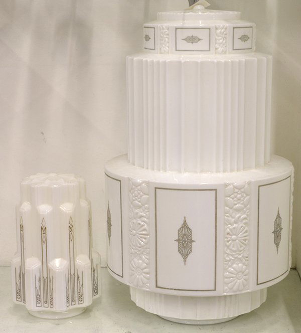 Phoenix Art Glass: (lot of 2) Phoenix art glass Modern Illuminating shades showcasing Art Deco shaped and molded tiers, tallest: 19.5'' Provenance: Property from the forty-year private collection of Alan Goldfield, a re