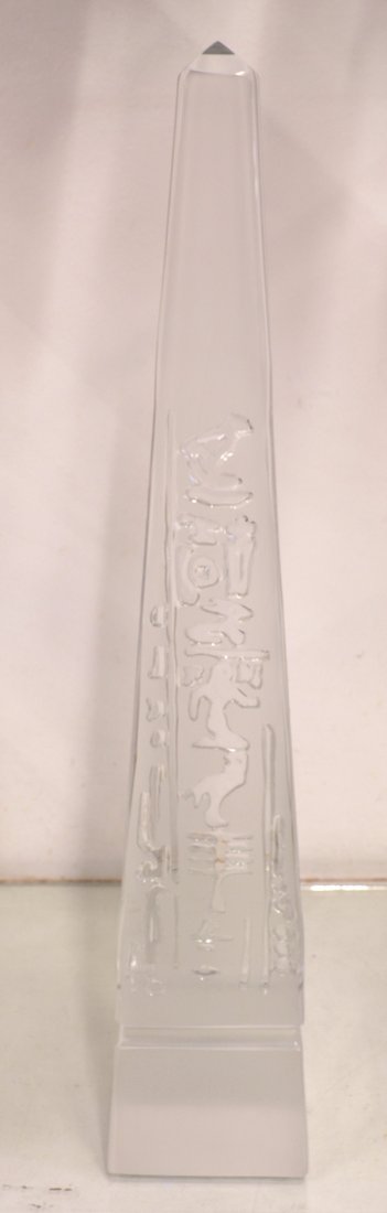 Daum art glass obelisk: Daum art glass obelisk decorated with stylized hieroglyphics, 16''h