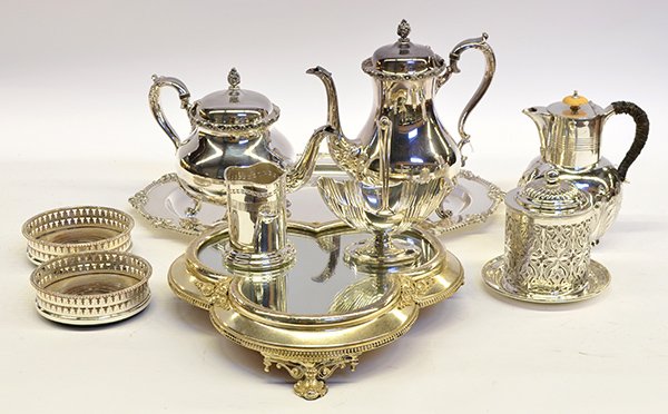 American silver table accessories: (lot of 10) American silver plate table articles including International ''Du Barry Floral'' coffee and teapot; together with associated platter with gadroon border decortion, trefoil mirrored plateau