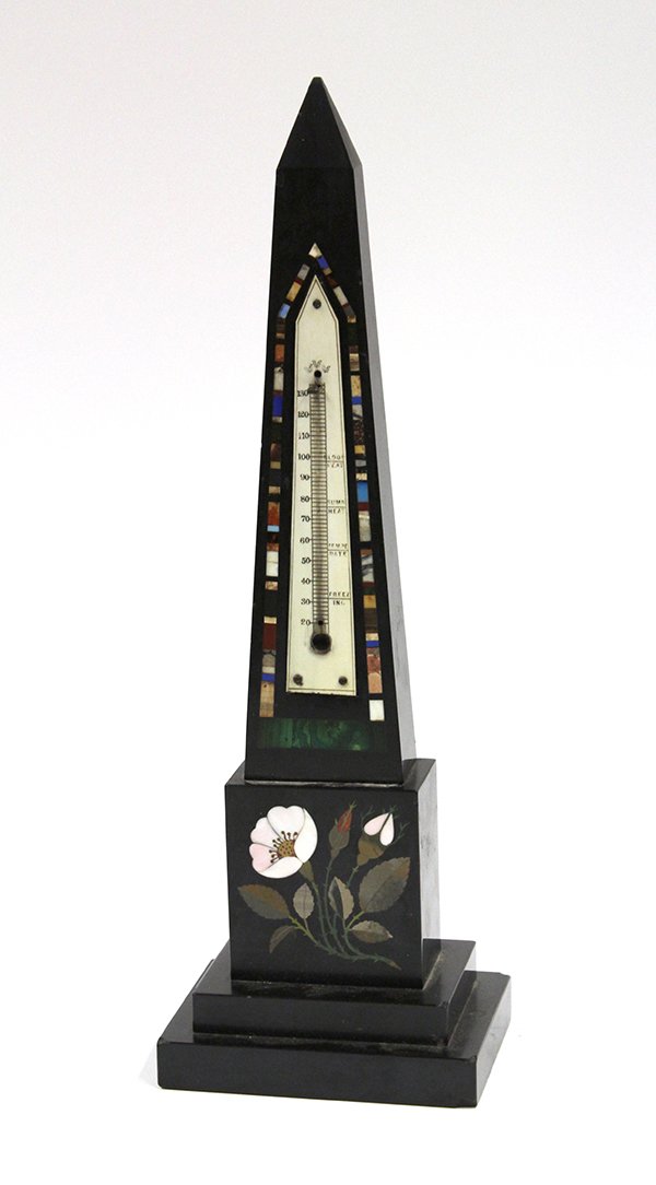 Obelisk: Victorian carved and polished slate obelisk mounted with a thermometer on an ivory facel and accented by inlaid specimen and pietra dura exotic flower, 14.5''.
