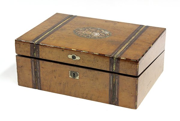 English Victorian lap desk: English Victorian lap desk, 19th century, the rectangular top inlaid with mother of pearl blossoms opening to reveal a sloped writing surface above a storage well set with two ink bottles, 5''h x 13''