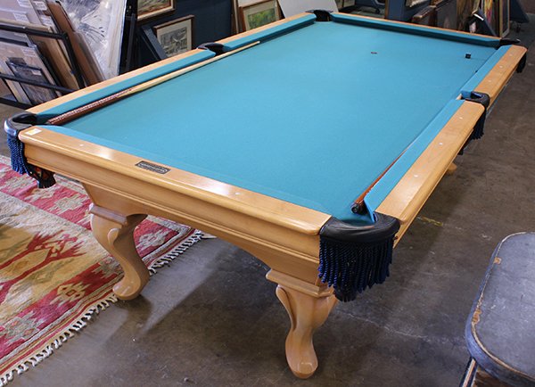 Goldenwest Billiard Mfg. pool table: Golden West Billiard Mfg. pool table with balls, two sticks, and table cover, 31''h, 8'3'' x 4'6''