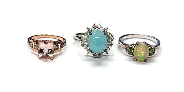 Lot of (3) rings, 1 10K and 2 sterling silver: Lot of (3) rings including; (1) 10K pink gold and diamond ring with 3.14 ct. morganite, total diamond weight 0.06 ct., (1) sterling silver, white zircon and oval cabochon cut 6.34 ct. hemimorphite rin