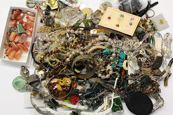 Lot of costume jewelry, beads and watches: Lot of costume jewelry, beads and watches including glass and plastic beads, nephrite jade link bracelets, carnelian link bracelet, agate bead necklaces, agate geode pendants, turquois inlay with silv