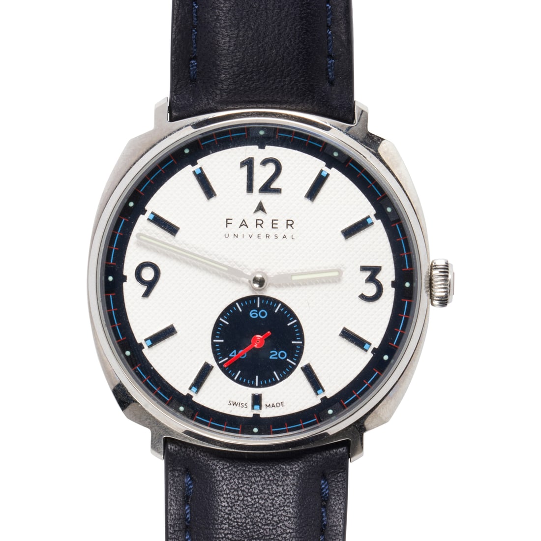 A Farer stainless steel Universal wristwatch: A Farer stainless steel Universal wristwatch FS1-139the cream and black tone dial, black panerai hours, white baton hands, with seconds aperture, minute subsidiary dial, exhibition back; within polish