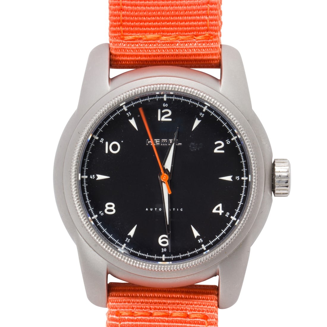 A Hemel stainless steel wristwatch: A Hemel stainless steel wristwatch Ref HM 30037.the black dial, white luminous Arabic hours, luminous dauphine hands; within brushed stainless steel case, containing a 24 jewel Miyota automatic moveme