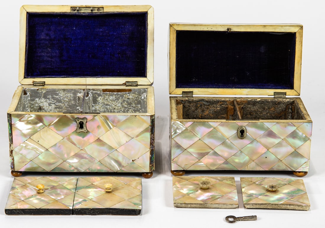 Two Victorian mother of pearl veneered tea caddies: Two Victorian mother of pearl veneered tea caddies, mid-19th century, each with lidded two compartment interior, greatest 4.25"h x 5.75"w x 3.25"d