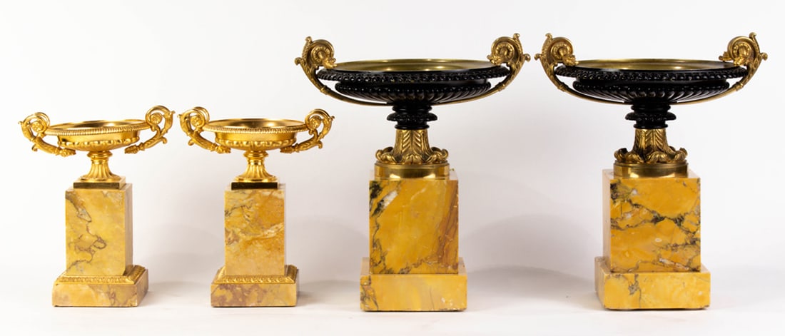 Two pairs of Empire style gilt and patinated bronze urns on siena marble plinths: Two pairs of Empire style gilt and patinated bronze urns on siena marble plinths, 20th century, 9.25"h and 13"h