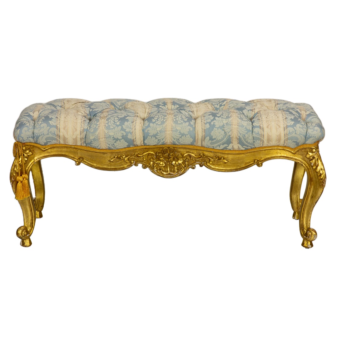 A Louis XV style giltwood upholstered tufted bench: A Louis XV style giltwood upholstered tufted bench, 20"h x 46"w x 18"d