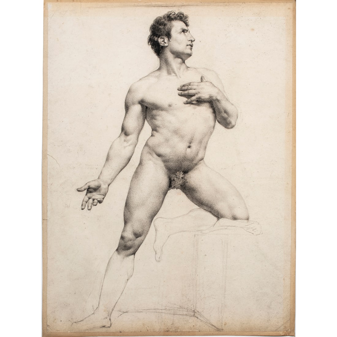 Drawing, Anonymous/Academie School (19th century): Anonymous/Academie School (19th century), Untitled (Classical Male Nude), charcoal on paper (laid down on backing sheet), unsigned, sight (unframed) : 24"h x 18"w. Provenance: Estate of Professor Raym