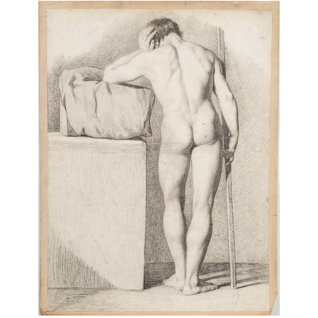 Drawing, Anonymous/Academie School (19th century): Anonymous/Academie School (19th century), Untitled (Male Nude Leaning with Staff), charcoal on paper (laid down on backing sheet), unsigned, sight (unframed) : 24.25"h x 18.25"w. Provenance: Estate of
