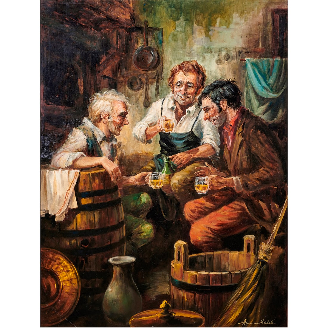 Painting, Amerigo Makk: Amerigo Makk (Hungarian/American, 1927-2016), Untitled (Winemakers Enjoying a Toast), oil on canvas, signed lower right, canvas: 39.25"h x 29.25"w, overall (with frame): 48.5"h x 38.5"w