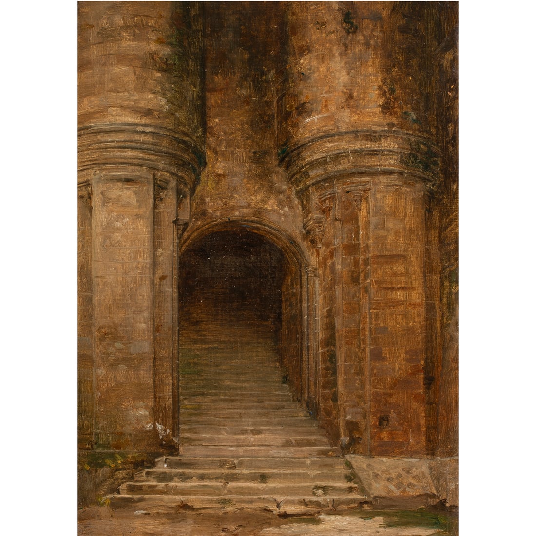 Painting, Frank Moss Bennett: Frank Moss Bennett (British, 1874-1953), "Mont St. Michel," oil on canvasboard, unsigned, Christie's South Kensington, 1897 stamp with artist's name verso, gallery label (Newman's, London) affixed ver