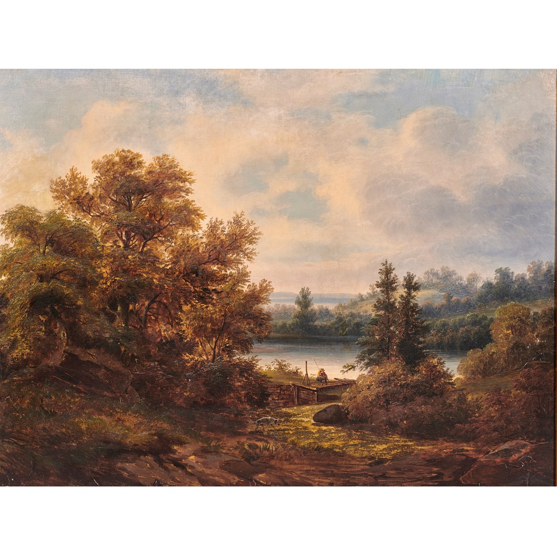 Painting, American School (19th century): American School (19th century), Fishing in a Wooded Landscape, oil on board, unsigned, board: 24"h x 31.75"w, overall (with frame): 29.25"h x 37"w