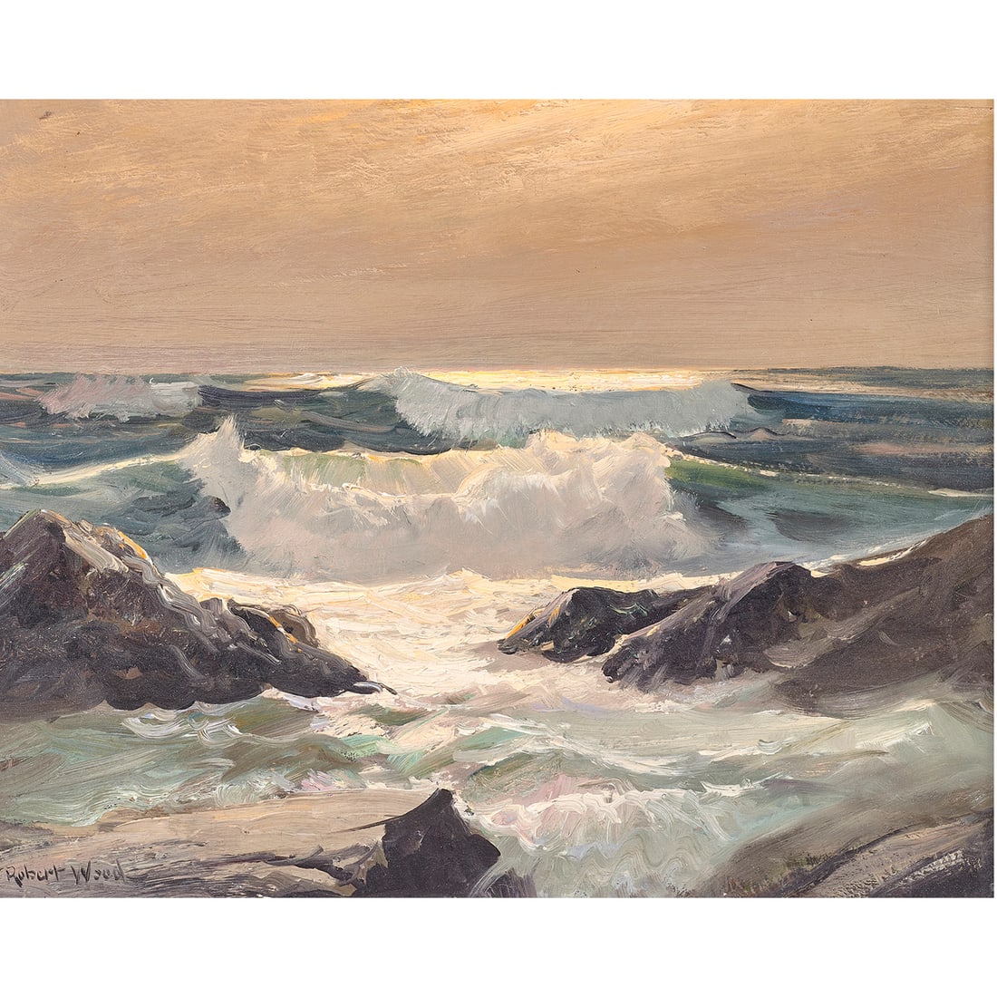 Painting, Robert William Wood: Robert William Wood (American, 1889-1979), "Glowing Seascape," oil on canvas, signed lower left, canvas: 12"h x 16"w, overall (with frame): 16"h x 20"w