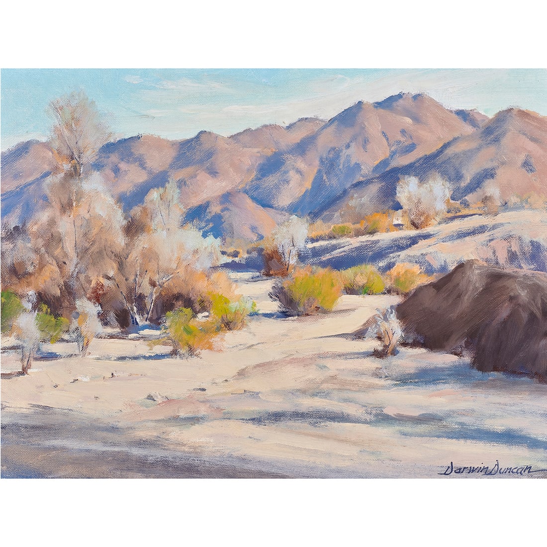 Painting, Darwin Duncan: Darwin Duncan (American, 1905-2002), Desert Hills, oil on board, signed lower right, board: 12"h x 16"w, overall (with frame): 17.25"h x 21.25"w
