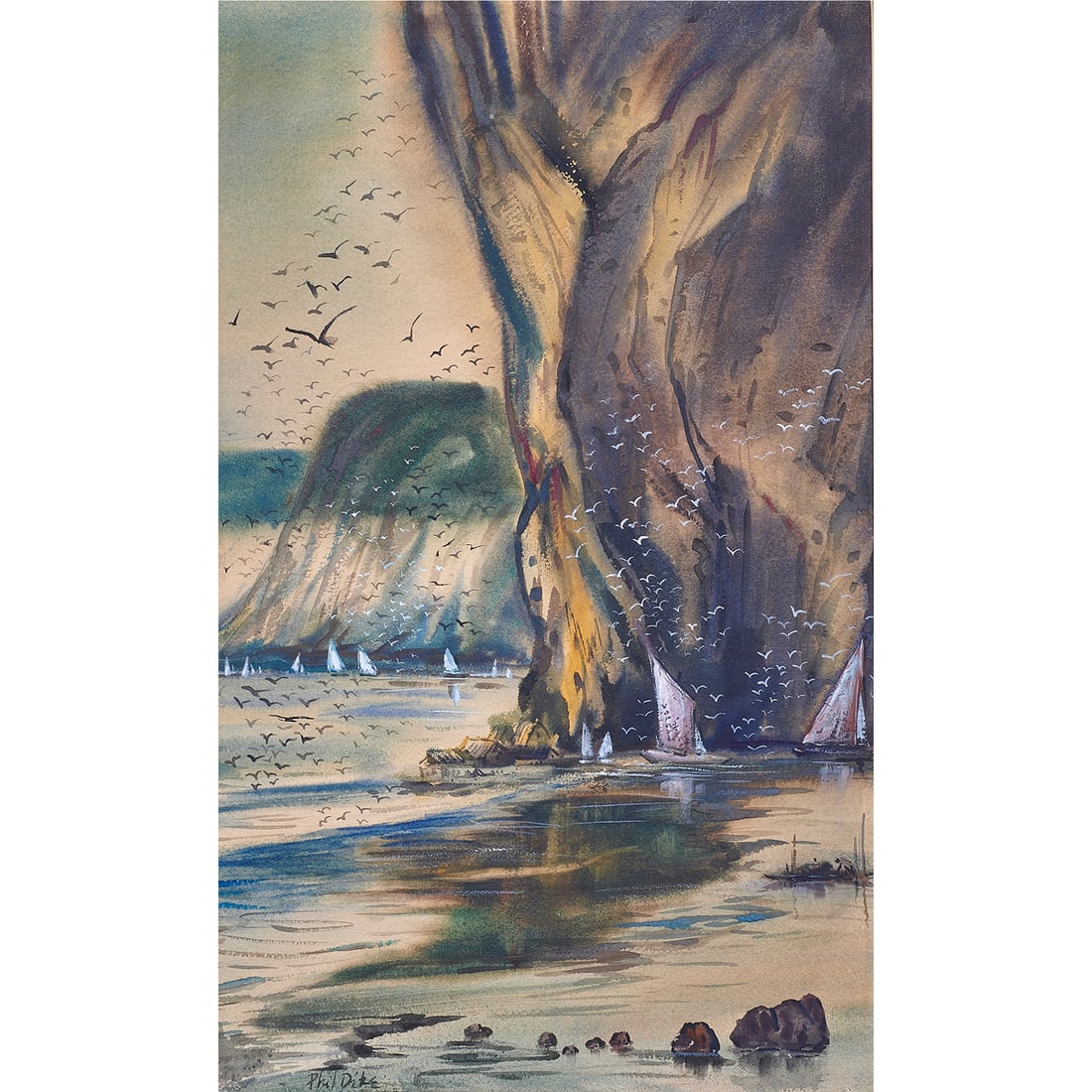 Watercolor, Phil Dike: Phil Dike (American, 1906-1990), Coastal View, watercolor, signed lower left, sight: 22"h x 13.5"w, overall (with frame): 28.5"h x 22.5"w