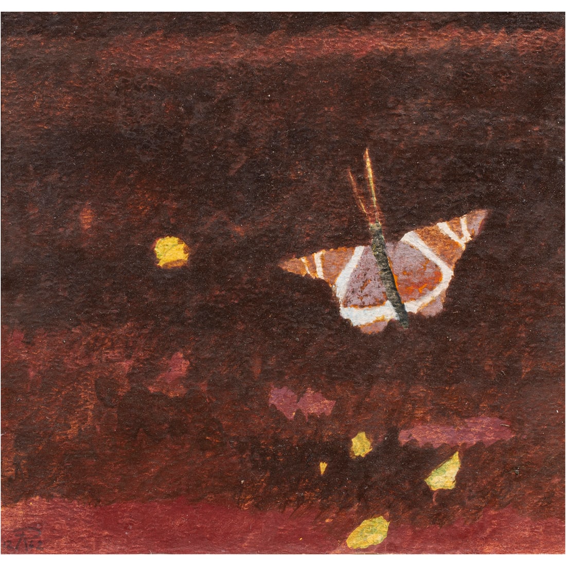 Watercolor, Fred Reichman: Fred Reichman (American 1925-2005), "Butterfly on Ground," 1962, watercolor on paper with acrylic spray, mounted on masonite, signed and dated verso, titled top stretcher bar verso, board: 4.25"h x 4.