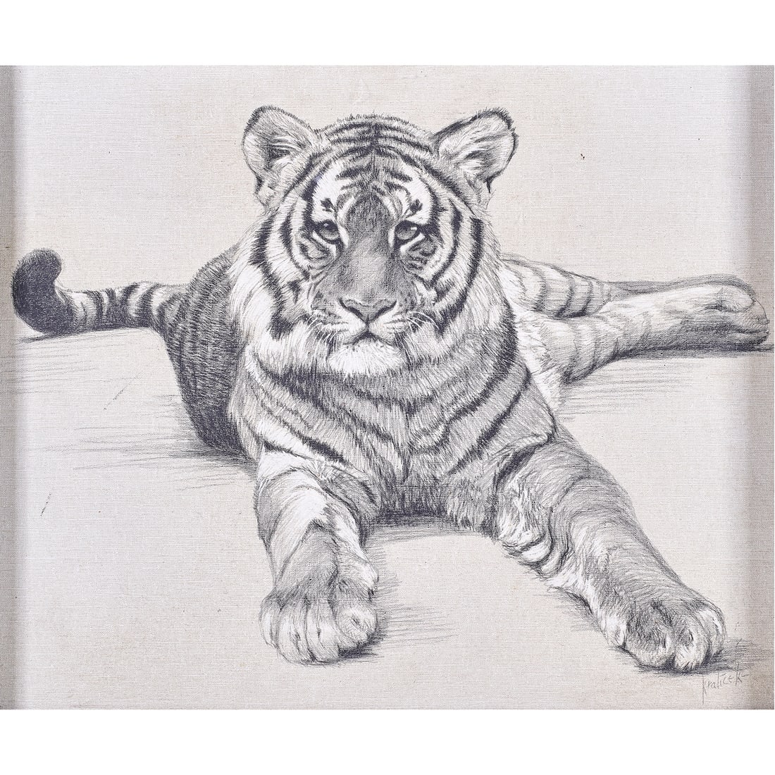 Mixed Media, Clancy Cherry (Margie Kralicek): Clancy Cherry (Margie Kralicek) (American, 1921-2009), Tiger, 1974, mixed media on canvas affixed to board, signed lower right, signed verso, board: 19.5"h x 23.5"w, overall (with frame): 21.25"h x 25