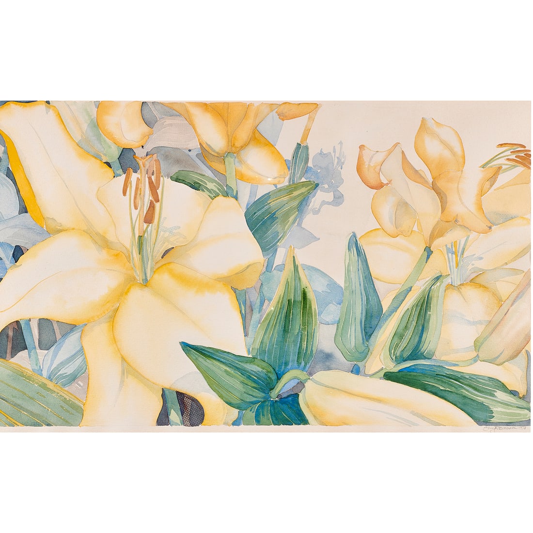 Watercolor, Gary Bukovnik: Gary Bukovnik (American, b. 1947), Lillies, 1978, watercolor, signed and dated lower right, sight: 22"h x 35.5"w, overall (with frame): 33.75"h x 47"w