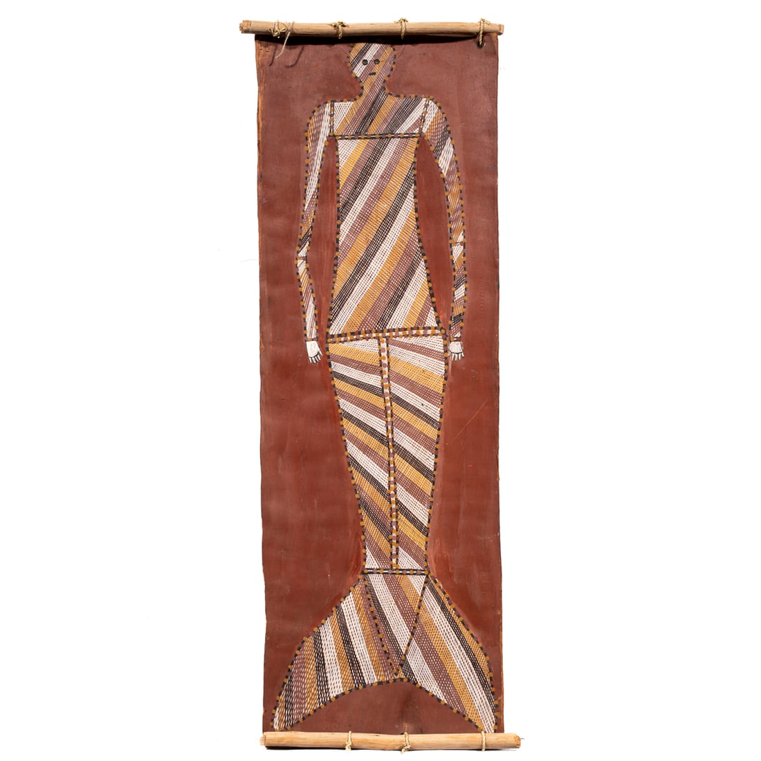 An Australian Aboriginal bark painting by David Murruwardda (1947-): An Australian Aboriginal bark painting by David Murruwardda (1947-), not dated, titled 'Mermaid'/MerMan, 30.5"h x 11"w