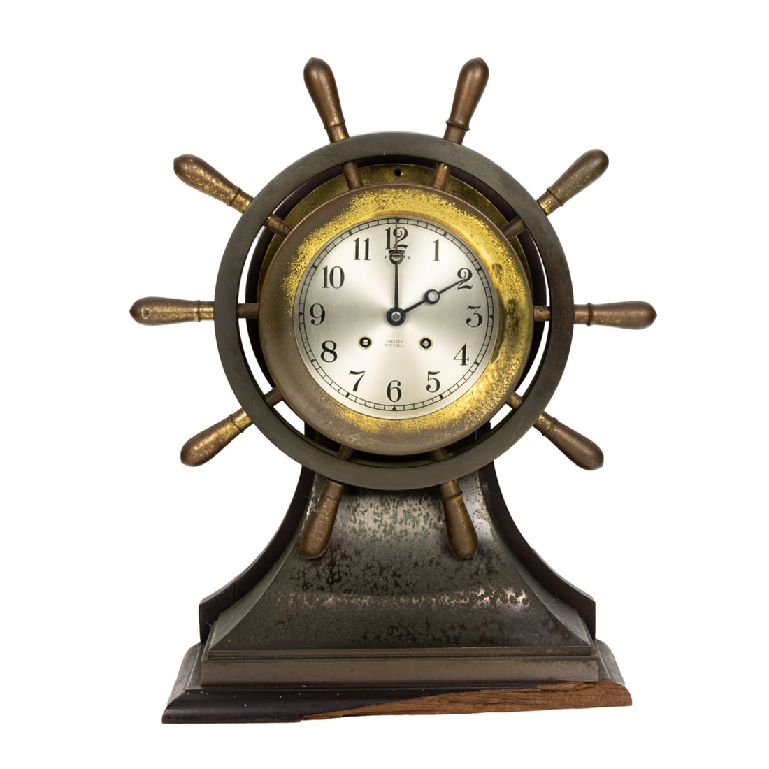 A Chelsea 'Yacht Wheel' ship's bell clock: A Chelsea 'Yacht Wheel' ship's bell clock, circa 1935, 5.5-inch silvered dial, serial 223010, 17.25"h x 14"w x 5.5"d. Provenance: Property of the Mitsui (Koishikawa) family, a prominent Japanese zaiba