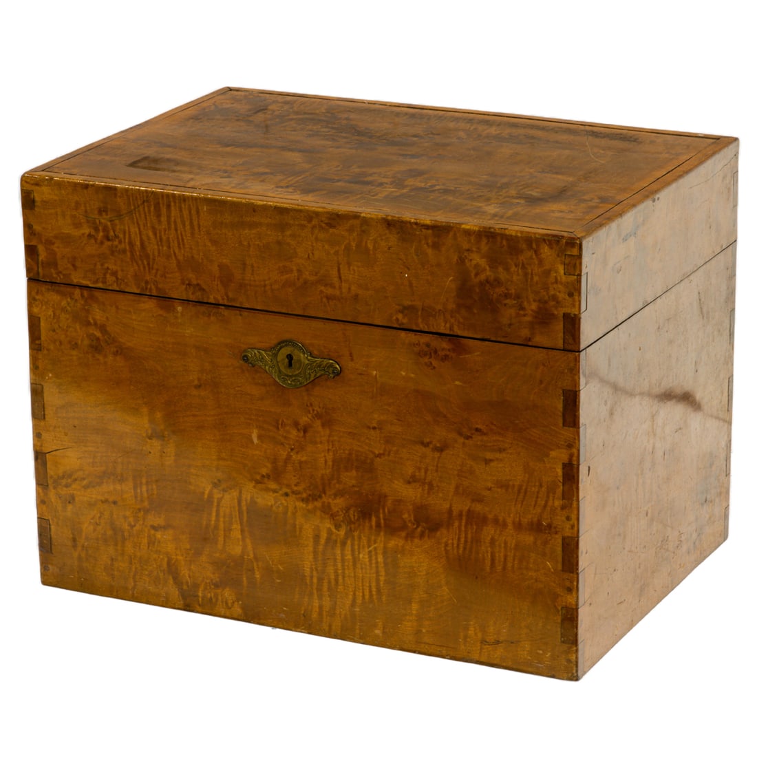 A large maple humidor: A large maple humidor, early 20th century, the exterior with decorative joinery, the interior lined with metal, 15"h x 20.5"w x 14.25"d. Provenance: Property of the Mitsui (Koishikawa) family, a promi