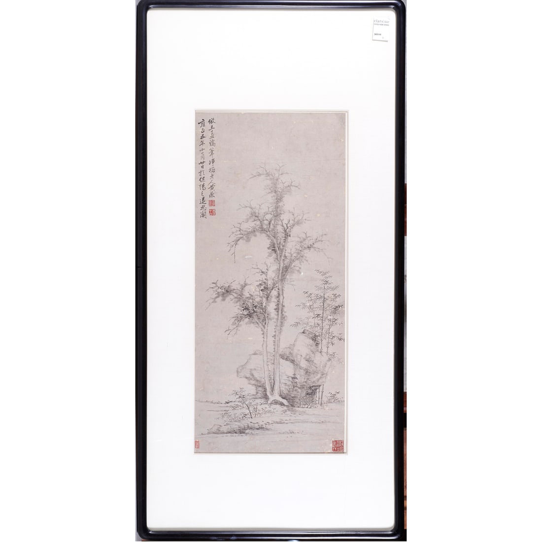 Attributed to Huang Ding (1660 - 1730) - Plum, Bamboo, and Rock: Attributed to Huang Ding (1660 - 1730) - Plum, Bamboo, and Rock. Ink on paper, dated, signed, and with three seals, framed and glazed, 27"h x 12"w.