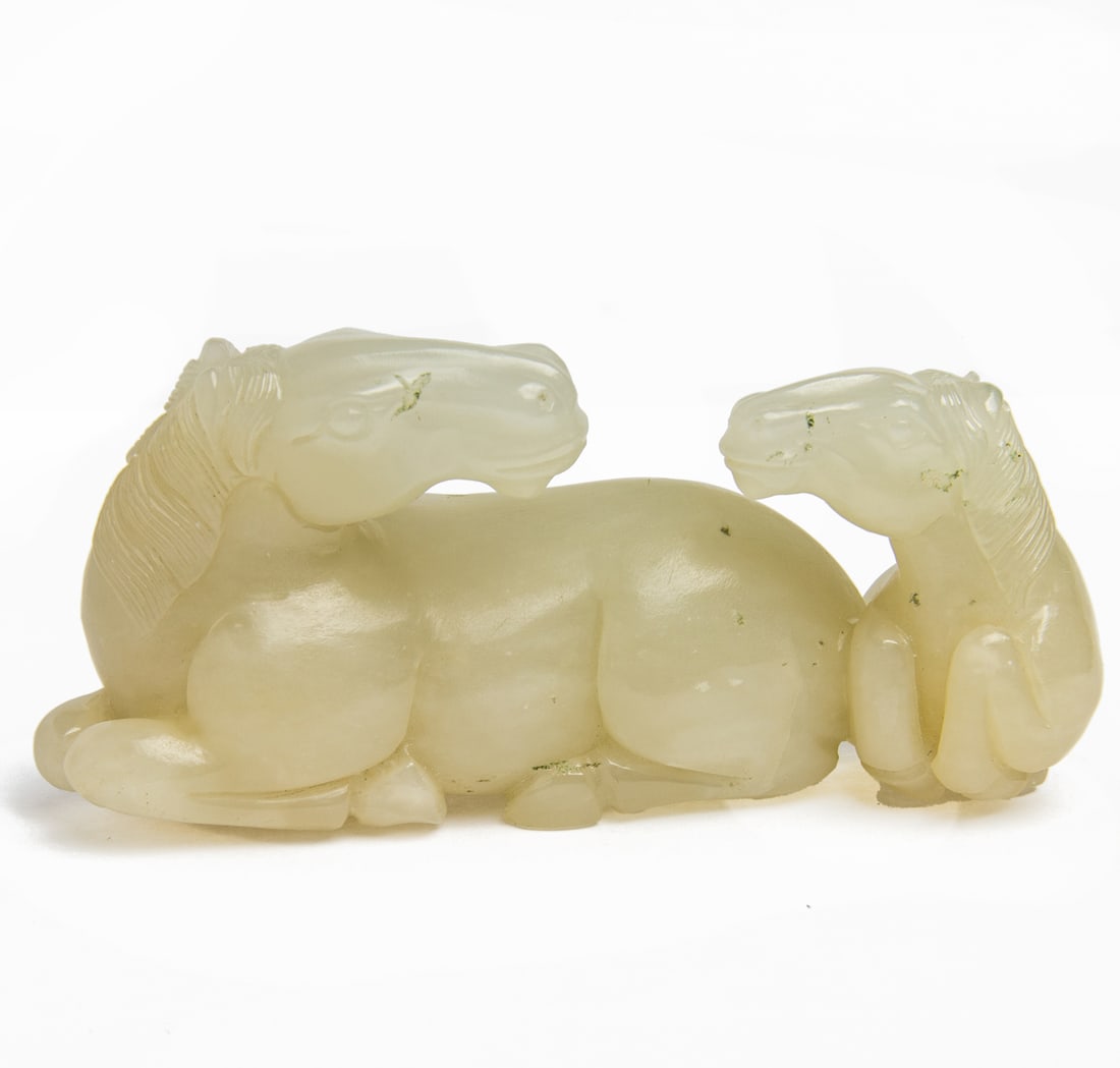 Chinese white jade horse group: Chinese white jade horse group. 3.5" across.