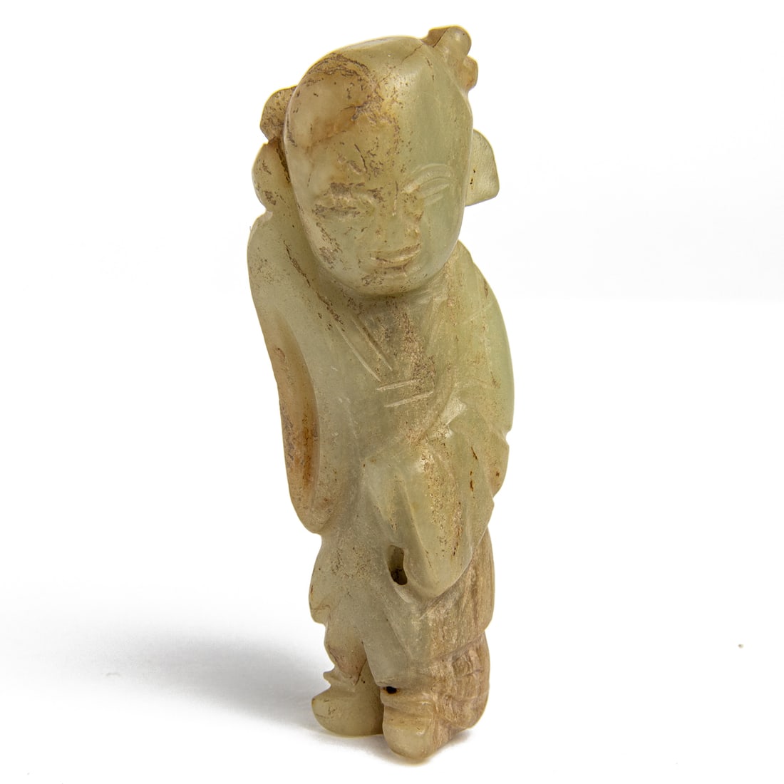 Chinese celadon jade figure carving: Chinese celadon jade figure carving. 2.375" high.