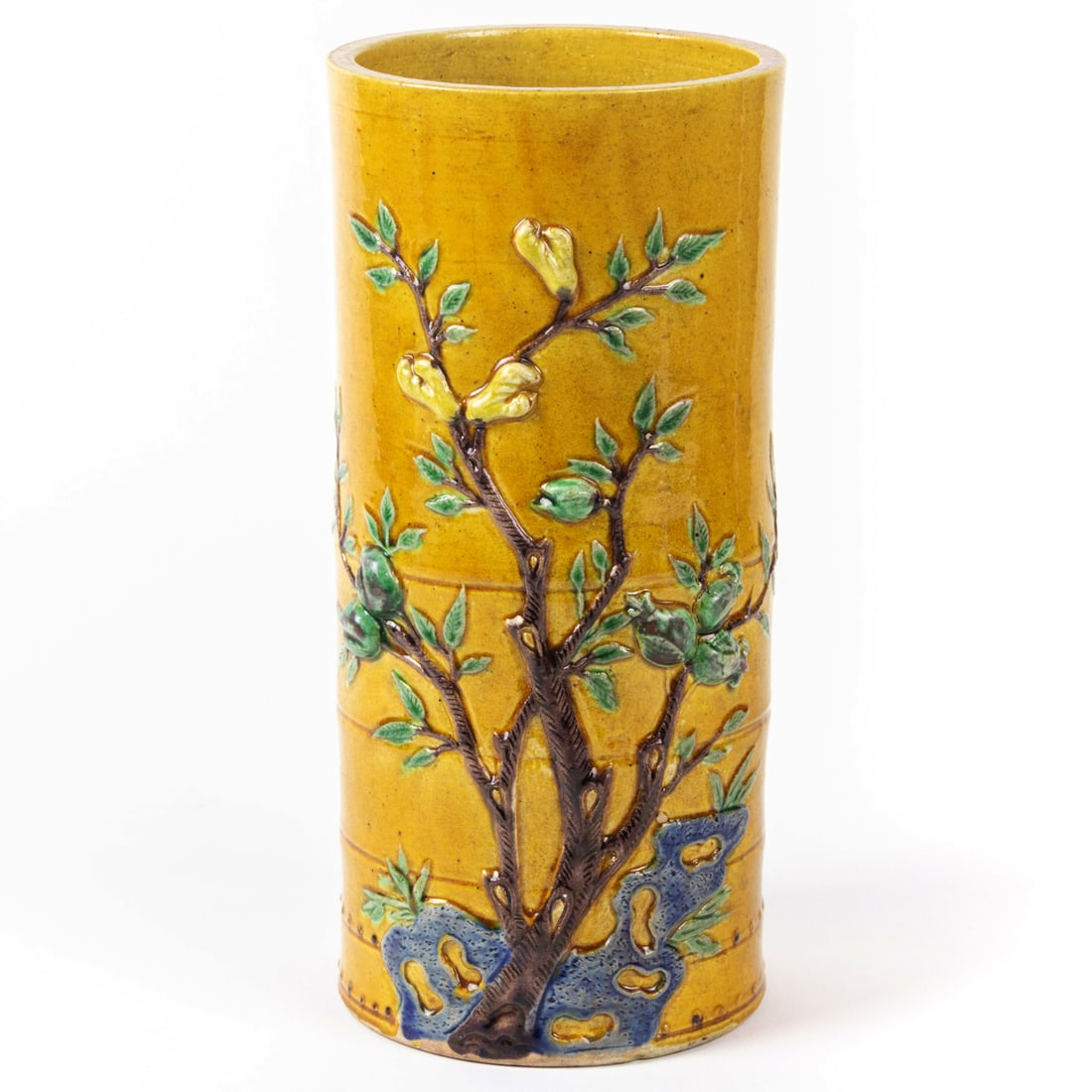 Chinese molded and yellow-ground hat stand: Chinese molded and yellow-ground hat stand. Republic Period, 11.25" high.