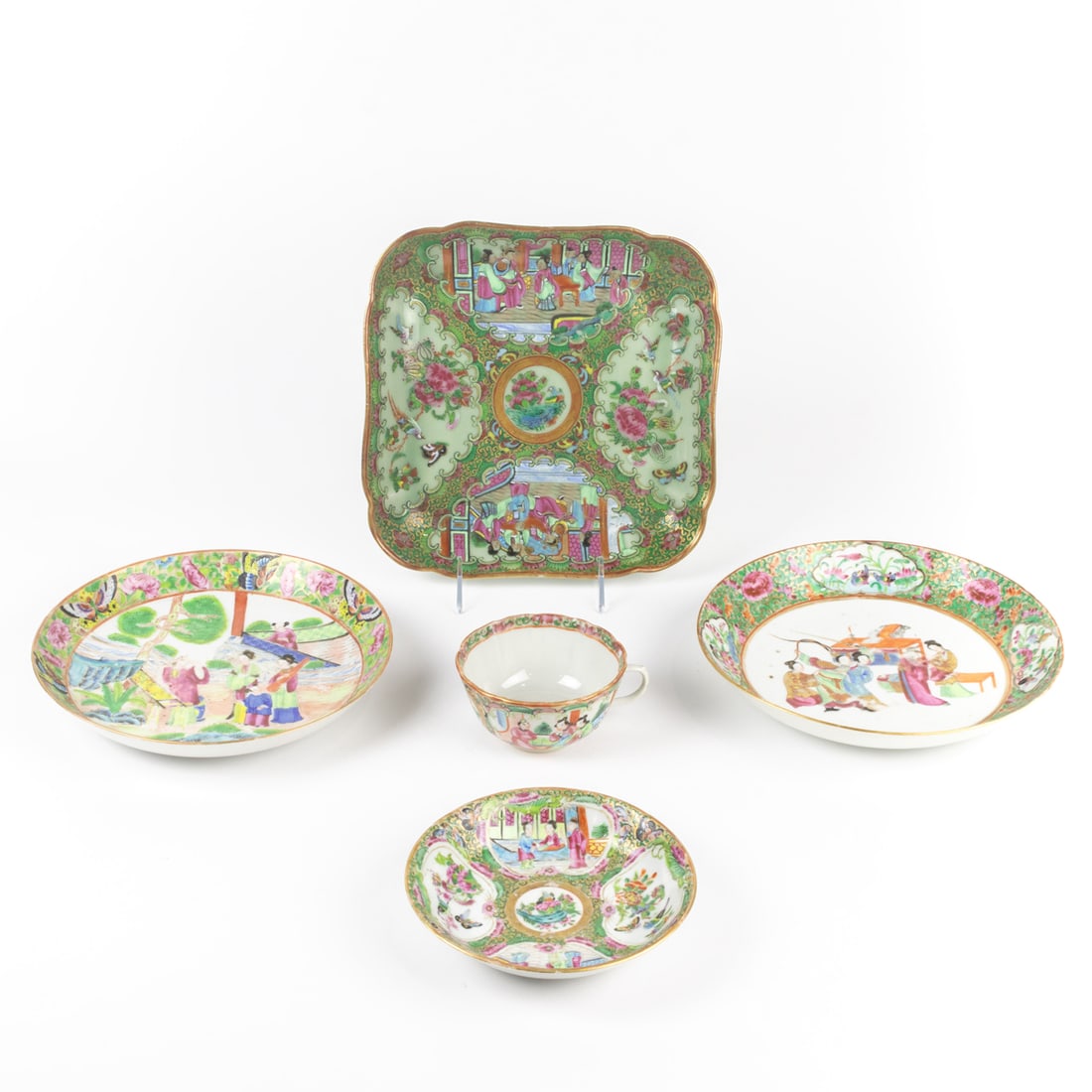 (lot of 6) Chinese Canton rose medallion containers: (lot of 6) Chinese Canton rose medallion containers. Comprising one cup, one saucer, two shallow bowls, and celadon ground dish, featuring various figures, birds, and flowers, from 4" to 9" across.