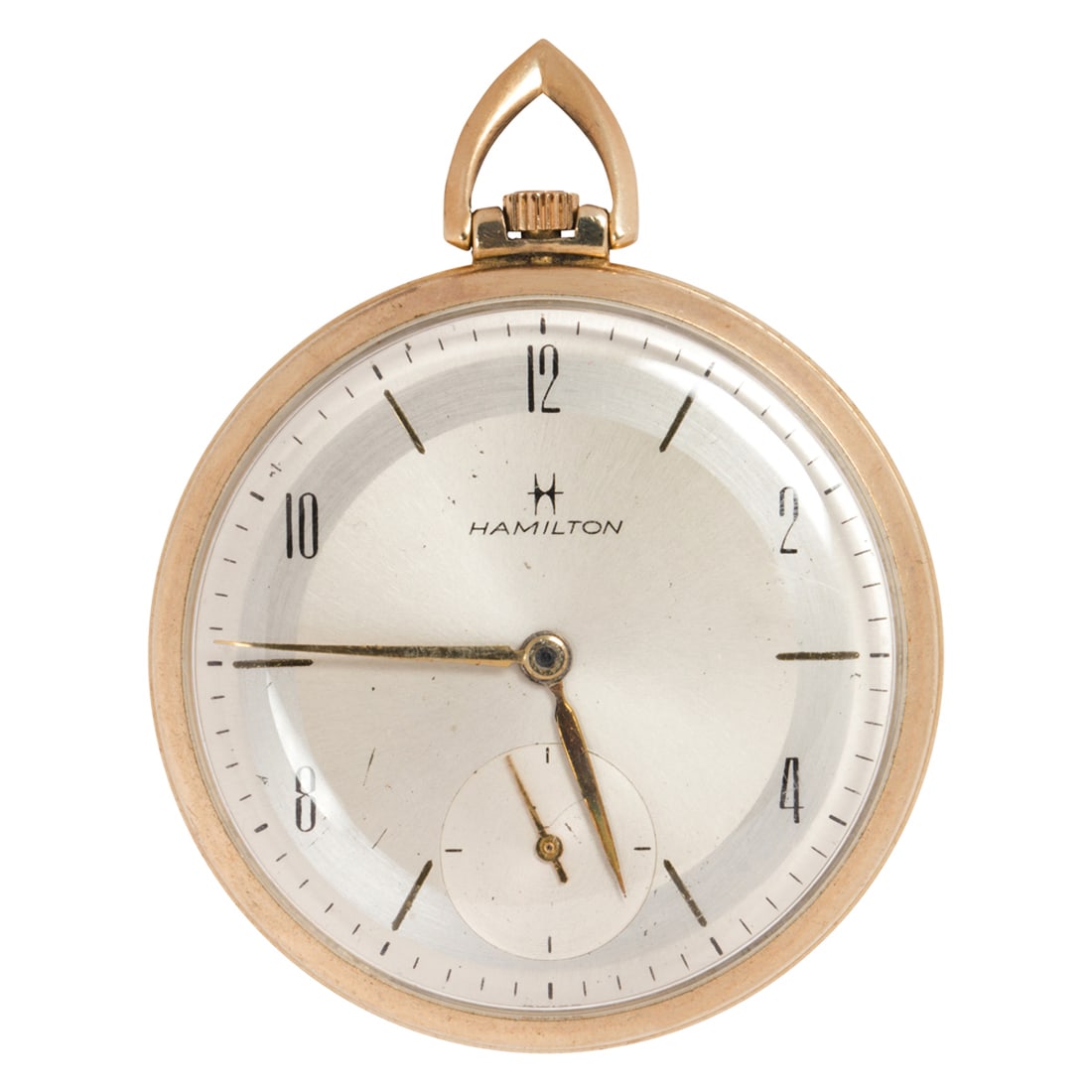 A 10k rolled gold Hamilton open face pocket watch with stem-set, stem wound movement; case diameter: (1 of 1)